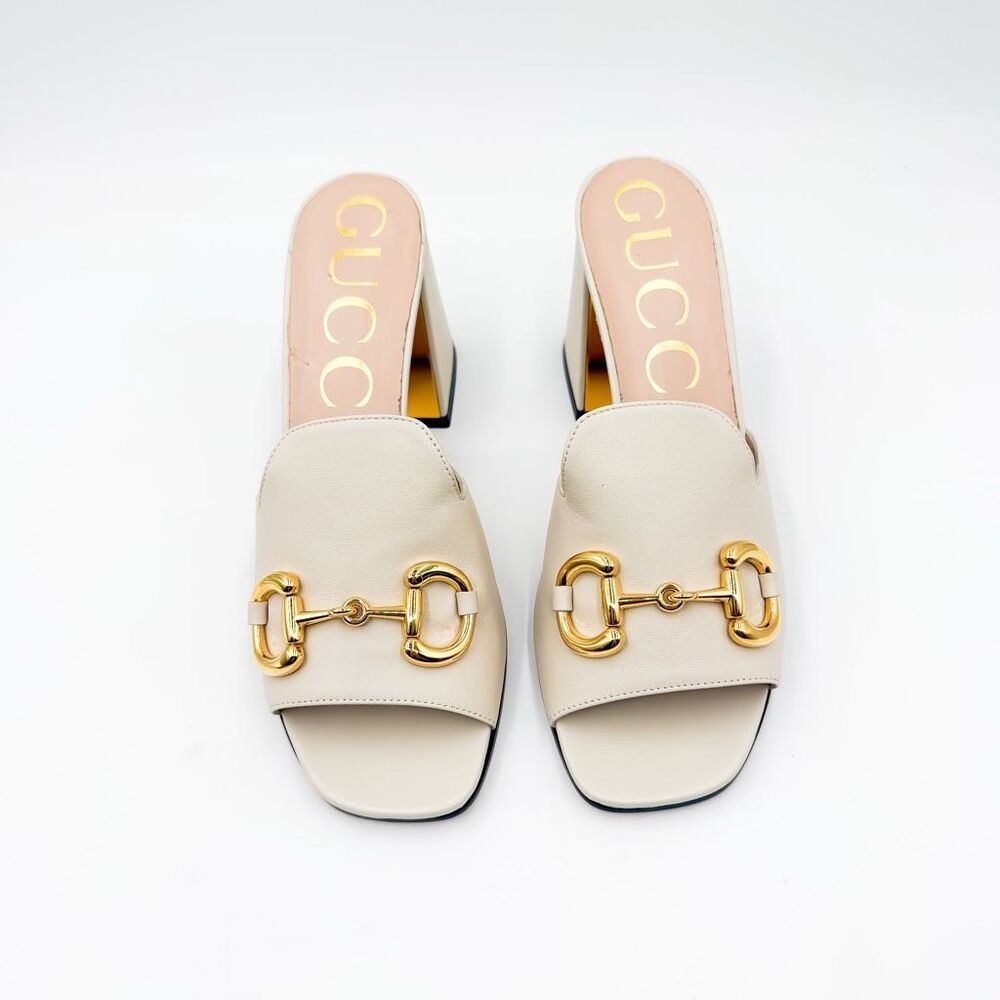 Gucci Baby Horsebit Sandals White Leather Mules Block Heel EU 40 US 10 - Picture 3 of 14